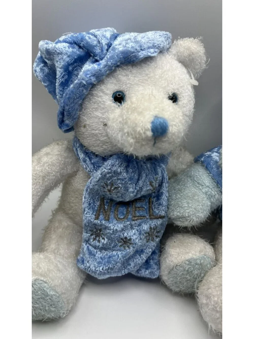 Noel & Joy Holiday Plush Bear & Snowman Set Blue Velour Accents Winter Decor Col